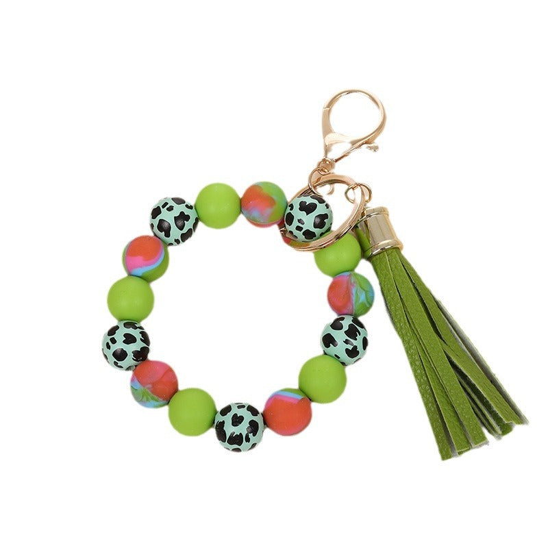 Wholesale Retro Silicone Bead Bracelet Keychain With PU Tassel Mint Green Geometric Print Chic Fashion Accessory For Everyday Use