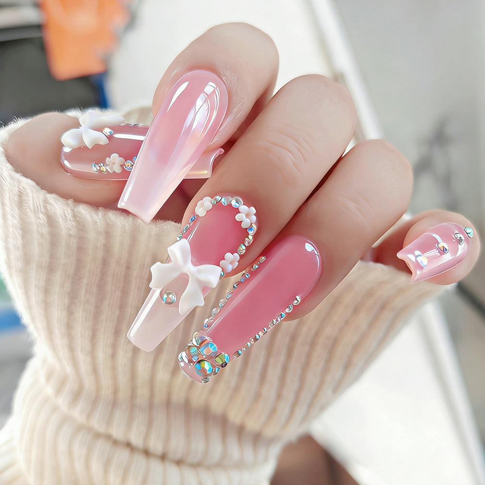 Wholesale Cartoon Bowknot Rhinestone Almond Short Square Press On Nails 24Pcs Trendy Fashion Accessory