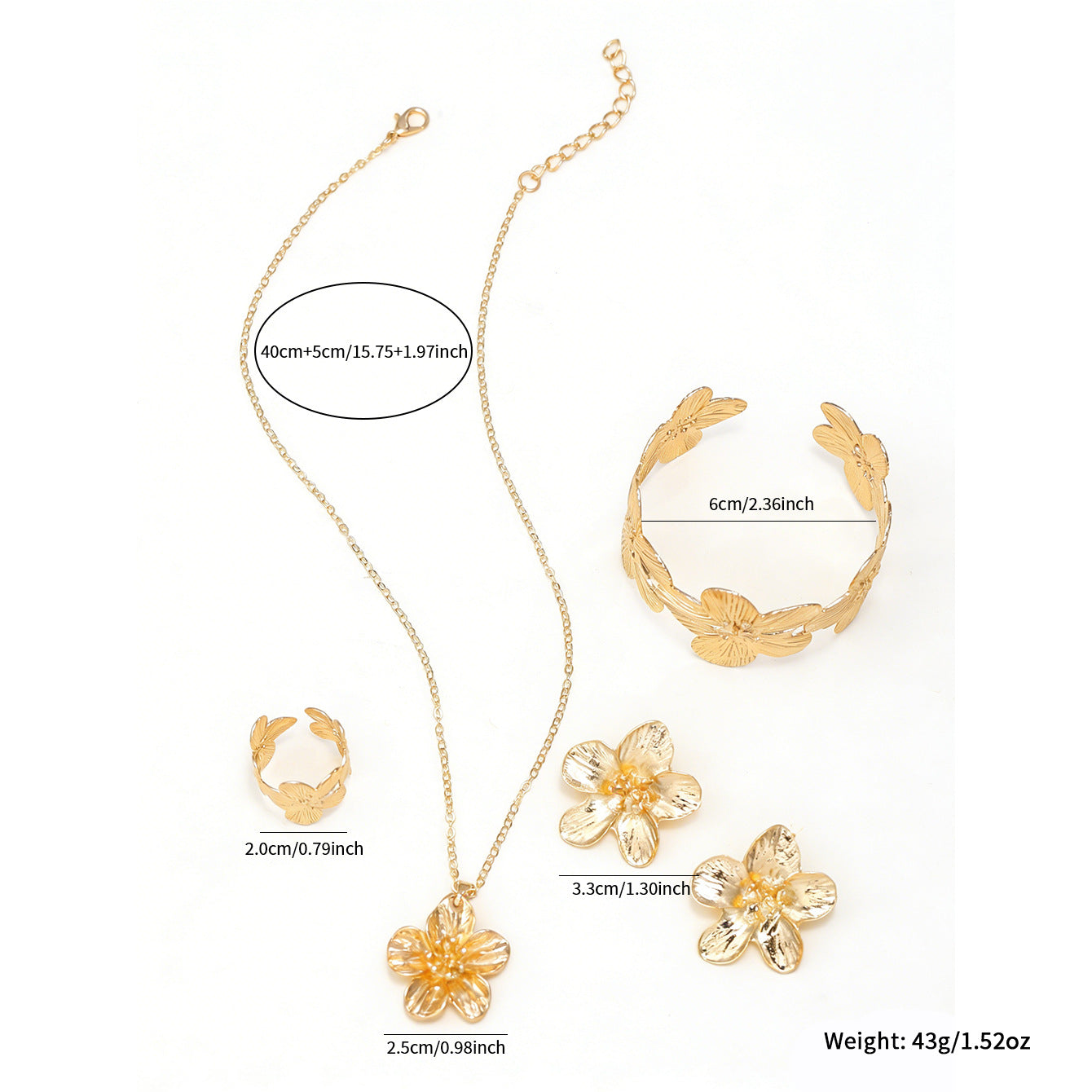 Wholesale Gold Camellia Flower Jewelry Set Necklace Earrings Bracelet Party Wear Boutique Resale
