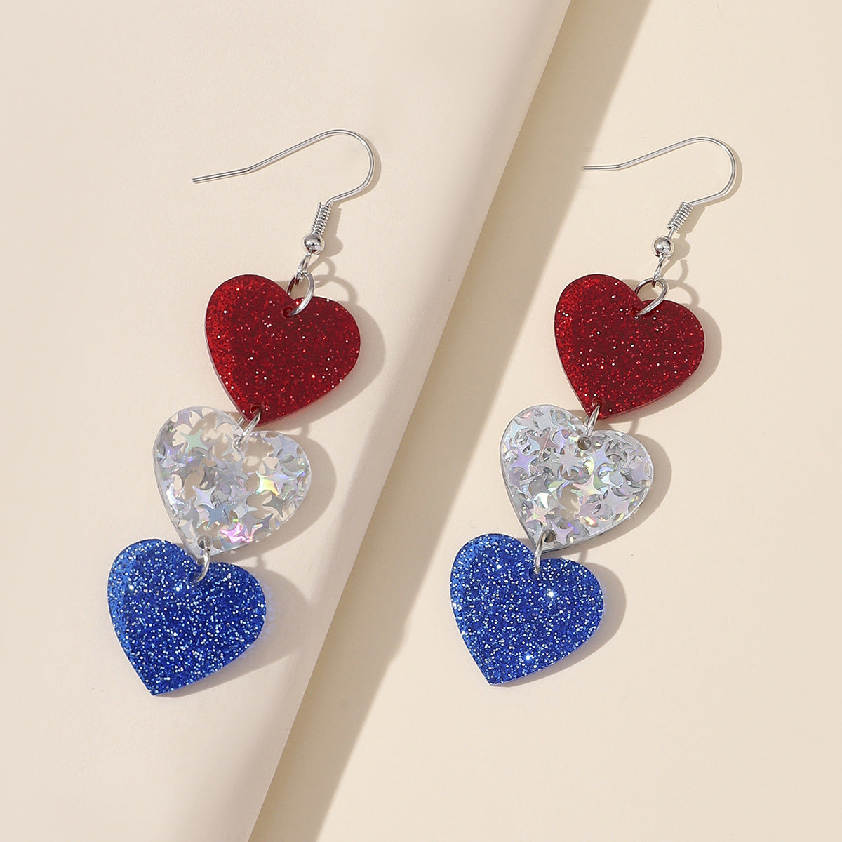 Wholesale Independence Day National Day Red, White and Blue Three-color Stars Love Glitter Acrylic  Earrings