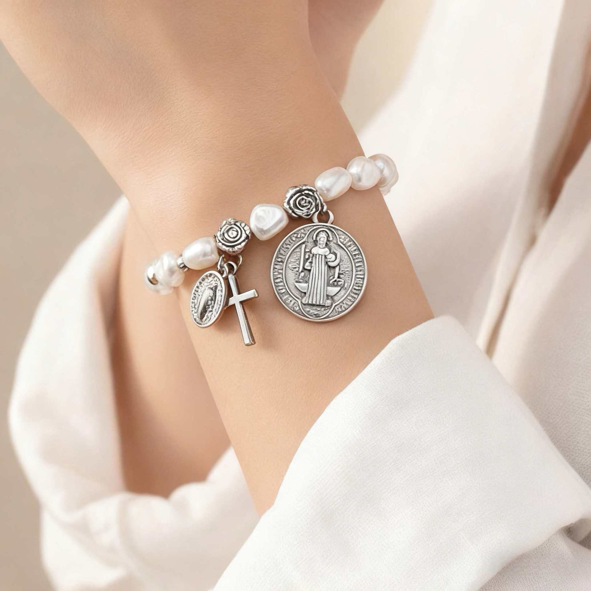 Wholesale Alloy man-made pearl beaded flower and cross Virgin Mary bracelet