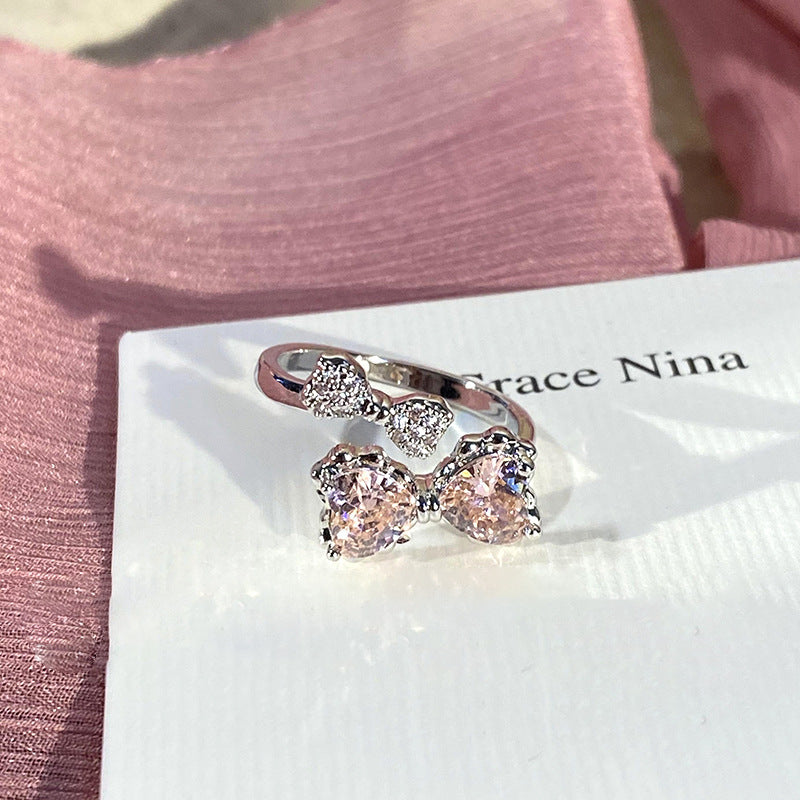 Wholesale Sweetly Enchanting!  Pink Diamond Bowknot Ring for Women,  Light Luxury Style,  Index Finger Ring,  Niche Design,  Fashionable Pair Ring