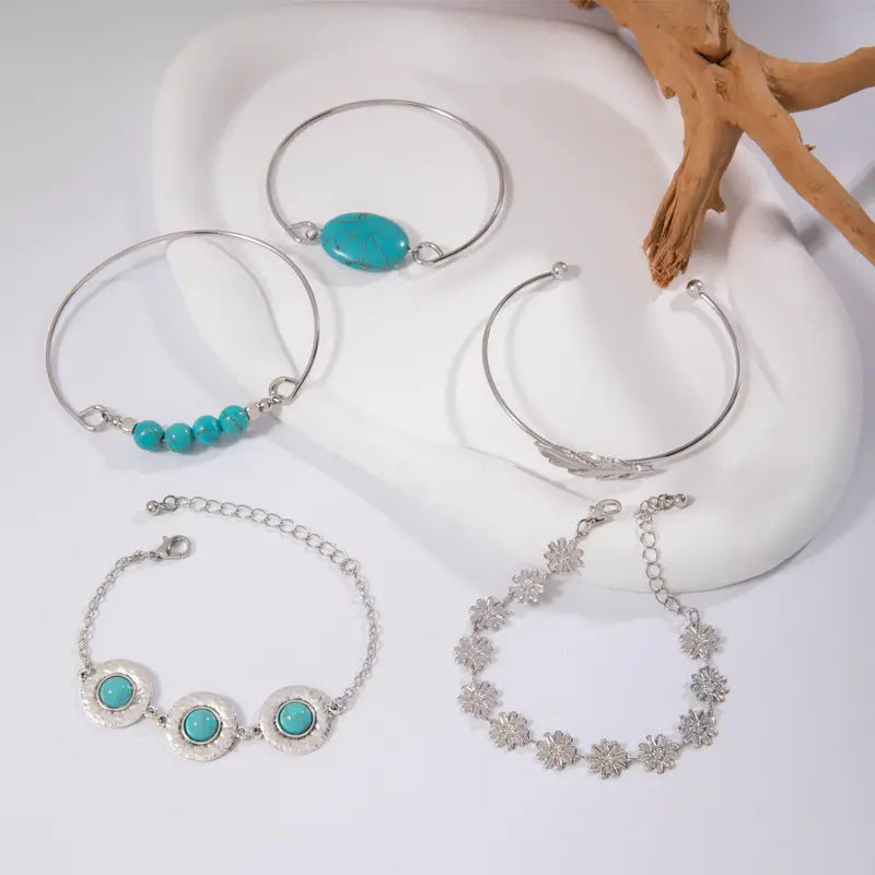 Wholesale Vintage Bohemian Turquoise Inlaid Flower and Feather Bracelet Set
