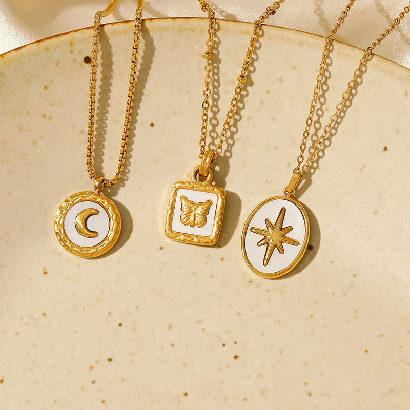 Wholesale shell pearl Stainless steel pendant 18K gold plated color butterfly moon white shell clavicle chain