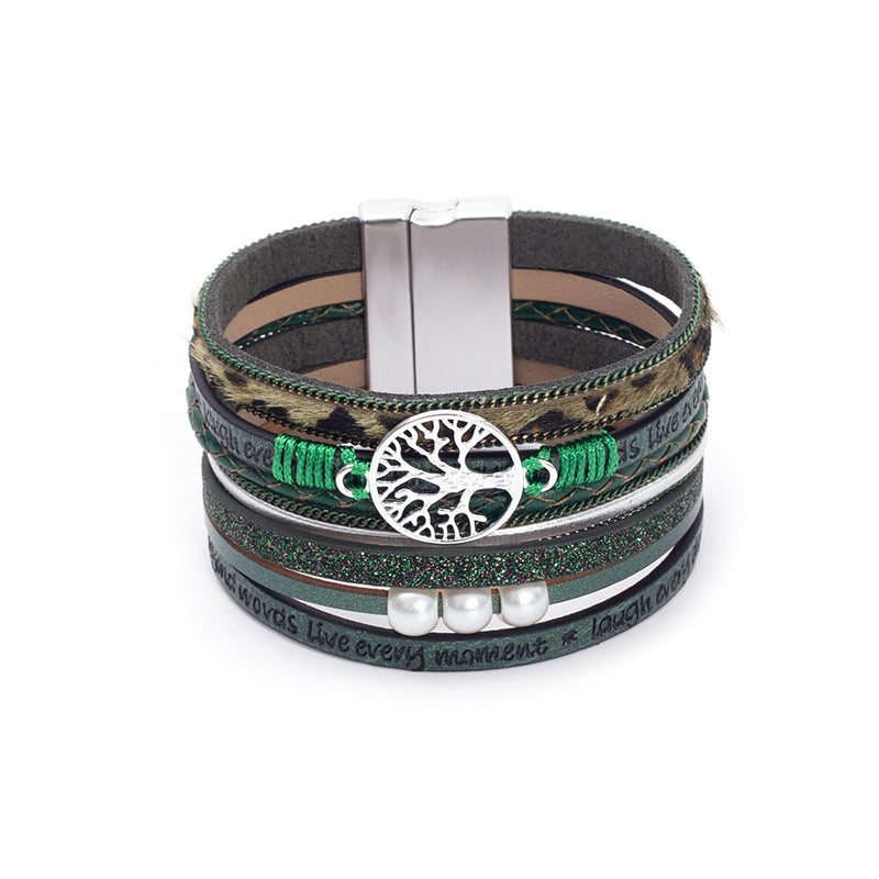 Wholesale Hand Woven Leather Hollow Tree of Life Multilayer Bracelet