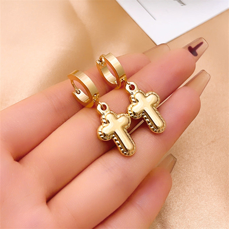 Wholesale Hip Hop Polished Earrings Cross Pendant Hoop Earrings Stainless Steel Earrings ACC-ES-MOXI002