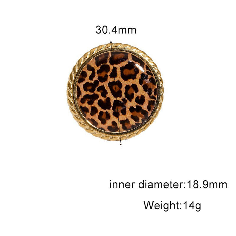 Wholesale Stylish Stainless Steel Open Ring For Women Leopard Print Wide Band Adjustable Jewelry Accessory