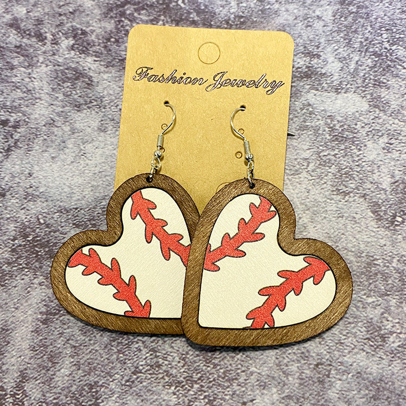 Wholesale Wooden Heart Shaped Sports Ball Earrings Fashion Jewelry Accessory For Casual Wear