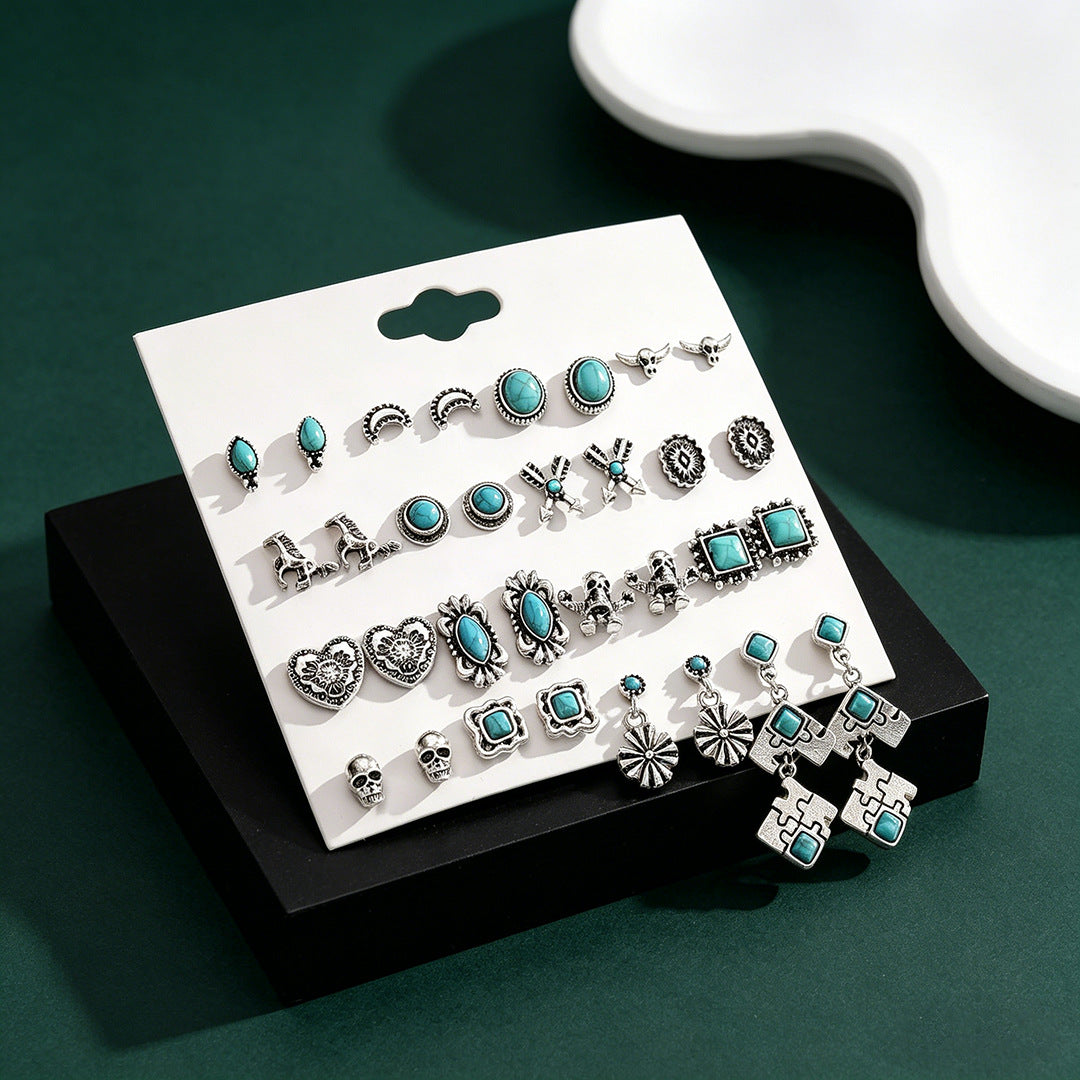Wholesale Retro Inlaid Imitation Turquoise Earring Set Zinc Alloy Electroplated Fashion Accessory