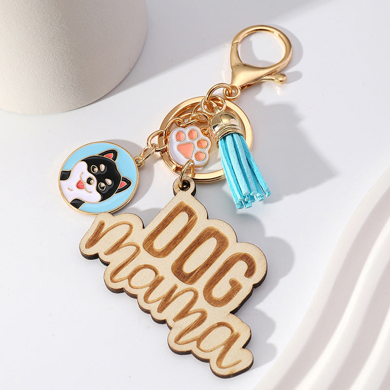 Wholesale Colorful DOG MAMA Tassel Wood Keychain Mother's Day ACC-KC-HuiWen012