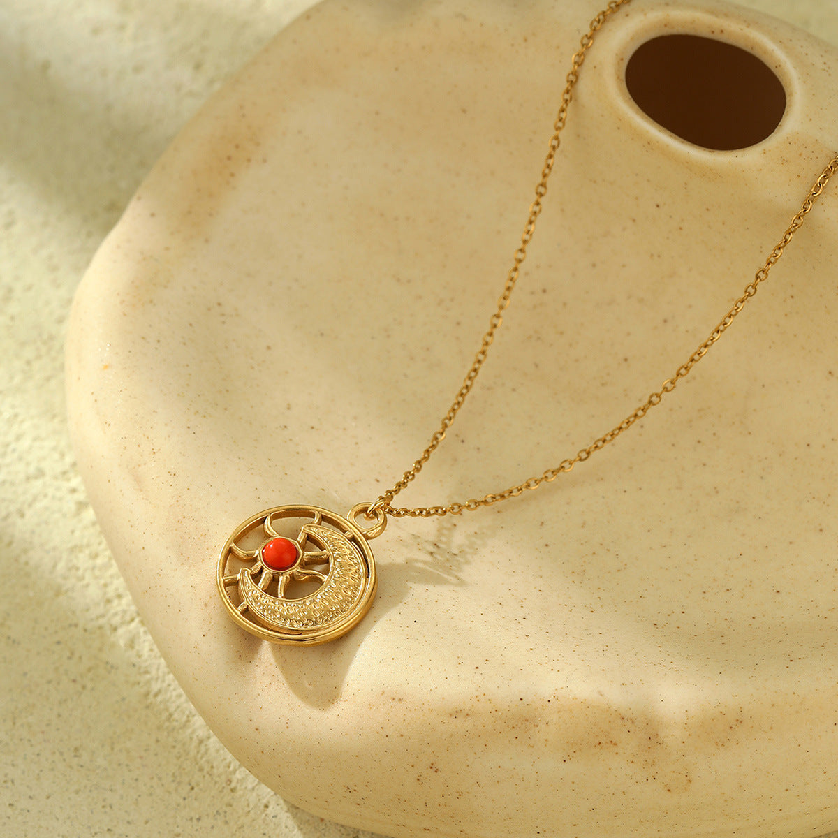 Wholesale  Devil's Eye Sun Moon Disc Natural Stone Pendant 18K True Gold Stainless Steel Necklaces