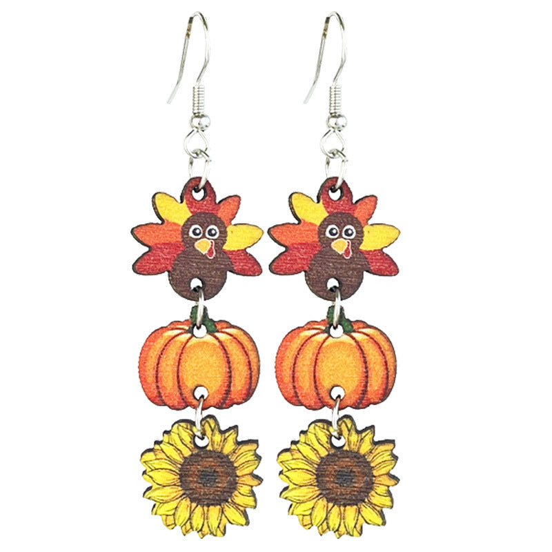 Wholesale 2 Pairs/pack Thanksgiving Wooden Turkey Pumpkin Multi-element Earrings ACC-ES-HY198