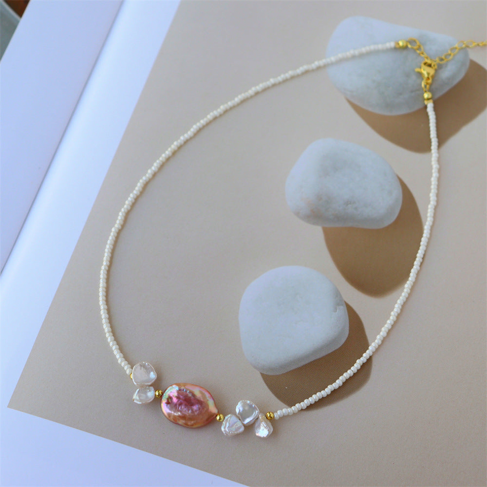Wholesale Rice Beads Color Natural Stone Freshwater Pearl Handmade Beaded Clavicle Necklace