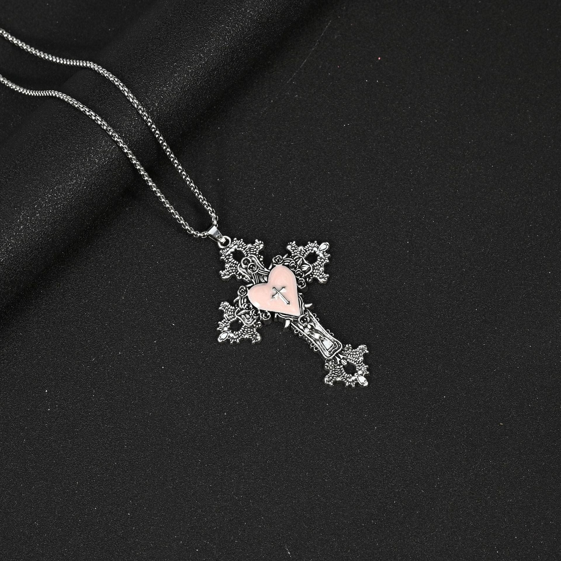 Wholesale Gothic Vampire Punk Rock Cross Pendant Necklace Pink Enamel Finish Stainless Steel And Zinc Alloy Square Pearl Chain Jewelry Accessory For Boutique Resale