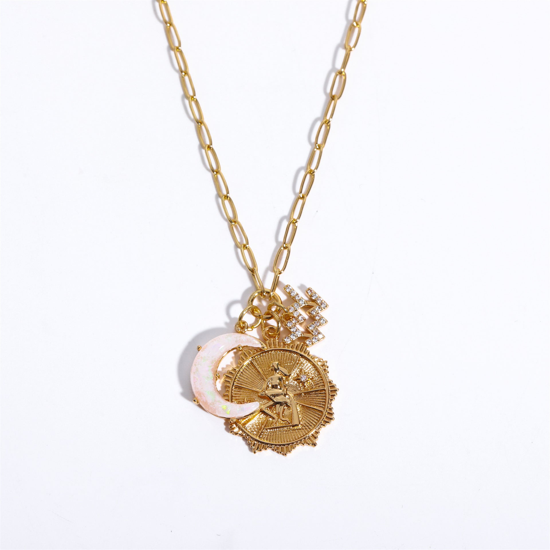 Wholesale  Micro Set Zircon Twelve Constellation Rune New Moon Moon Opal Pendant Necklace