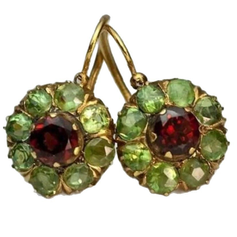 Wholesale Victorian Style Two-Tone Gemstone Earrings Red Garnet with Peridot Antique Drop Earrings Fashion Accessory