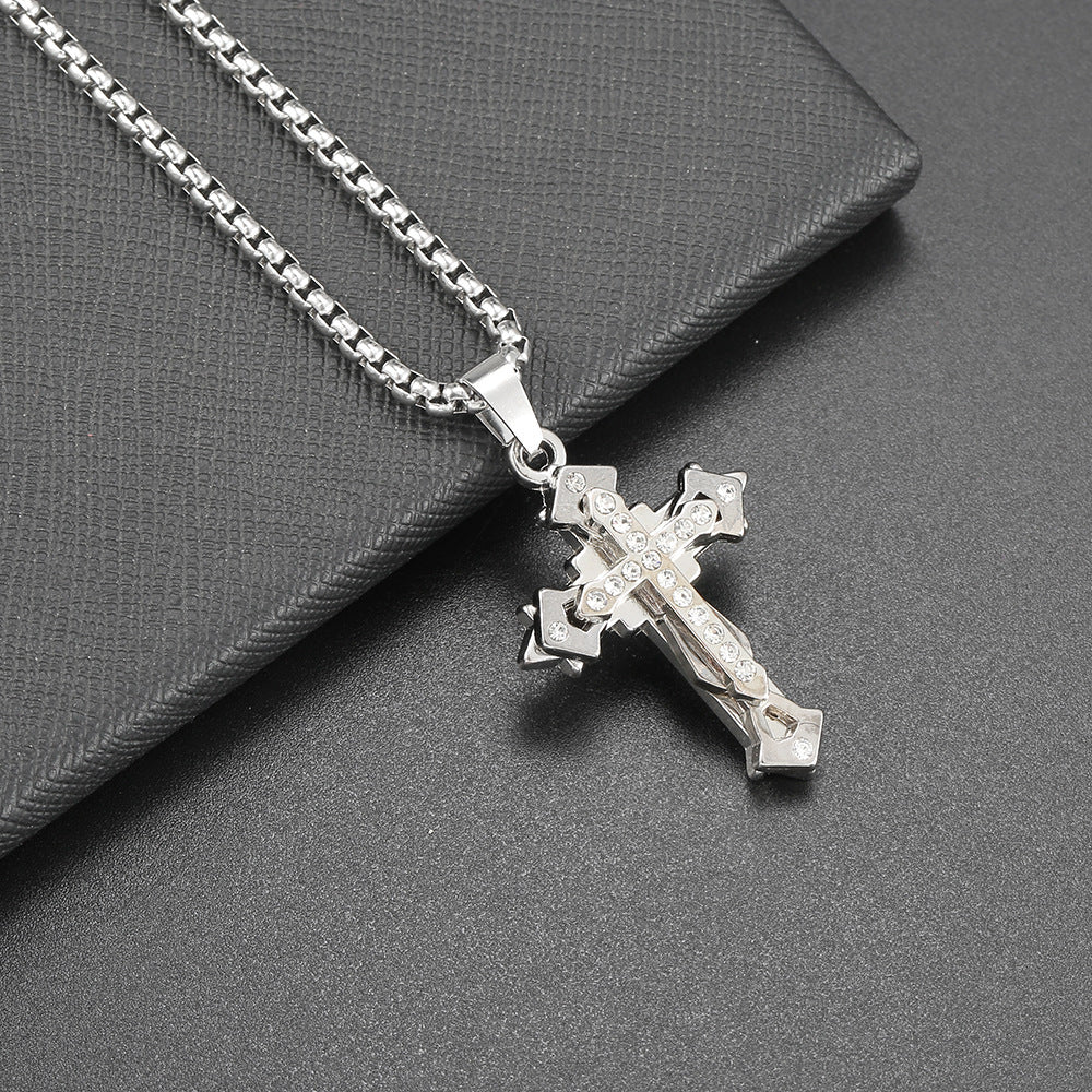 Wholesale Stainless Steel Cuban Chain Necklace Three Layer Rhinestone Cross Pendant Chic Hip Hop Fashion Accessory For Gift