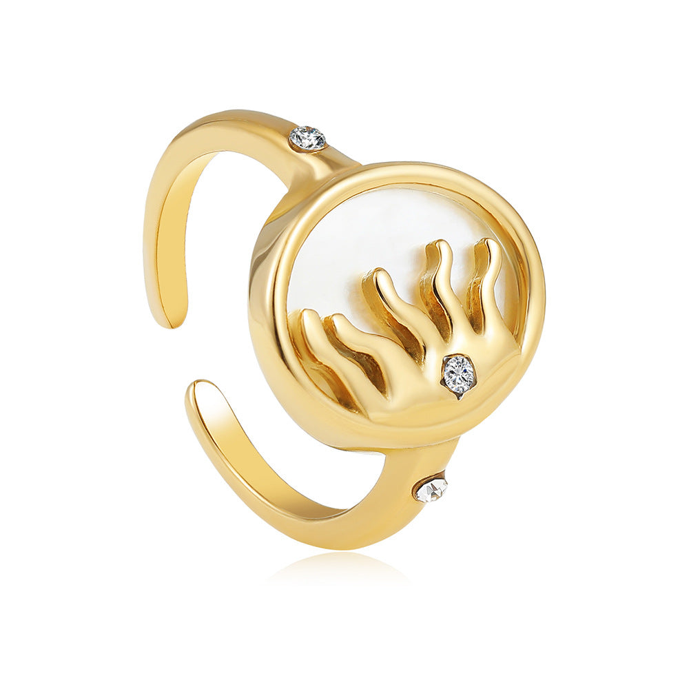 Wholesale Stainless steel 18K gold mother-of-pearl sun diamond open ring