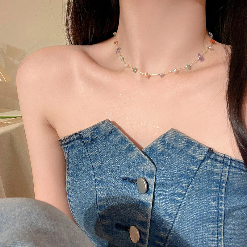 Wholesale Chic Rainbow Square Stone Collarbone Necklace Zinc Alloy Electroplated Fashion Jewelry Accessory For Everyday Wear