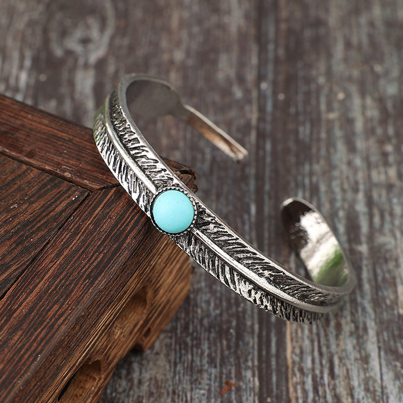 Wholesale Bohemian Retro Carved Cuff Bracelet,  Alloy Feather Turquoise Design,  Fashion Accessory for Boutique Resale