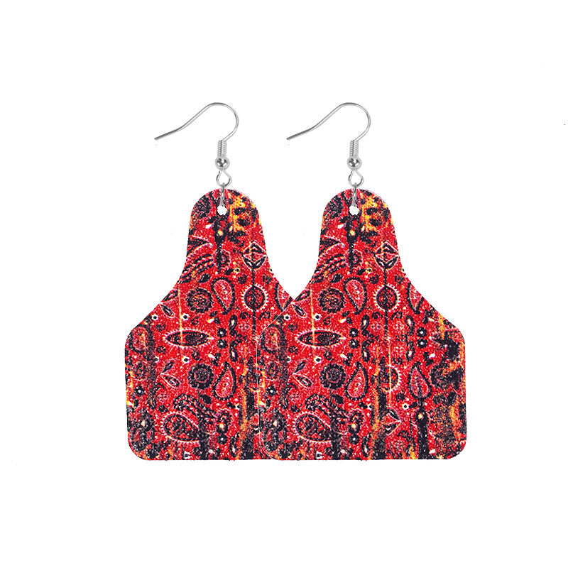 Wholesale Retro Western Cowboy Old Style Flower Bull Head Ethnic Style Print Leather Earrings