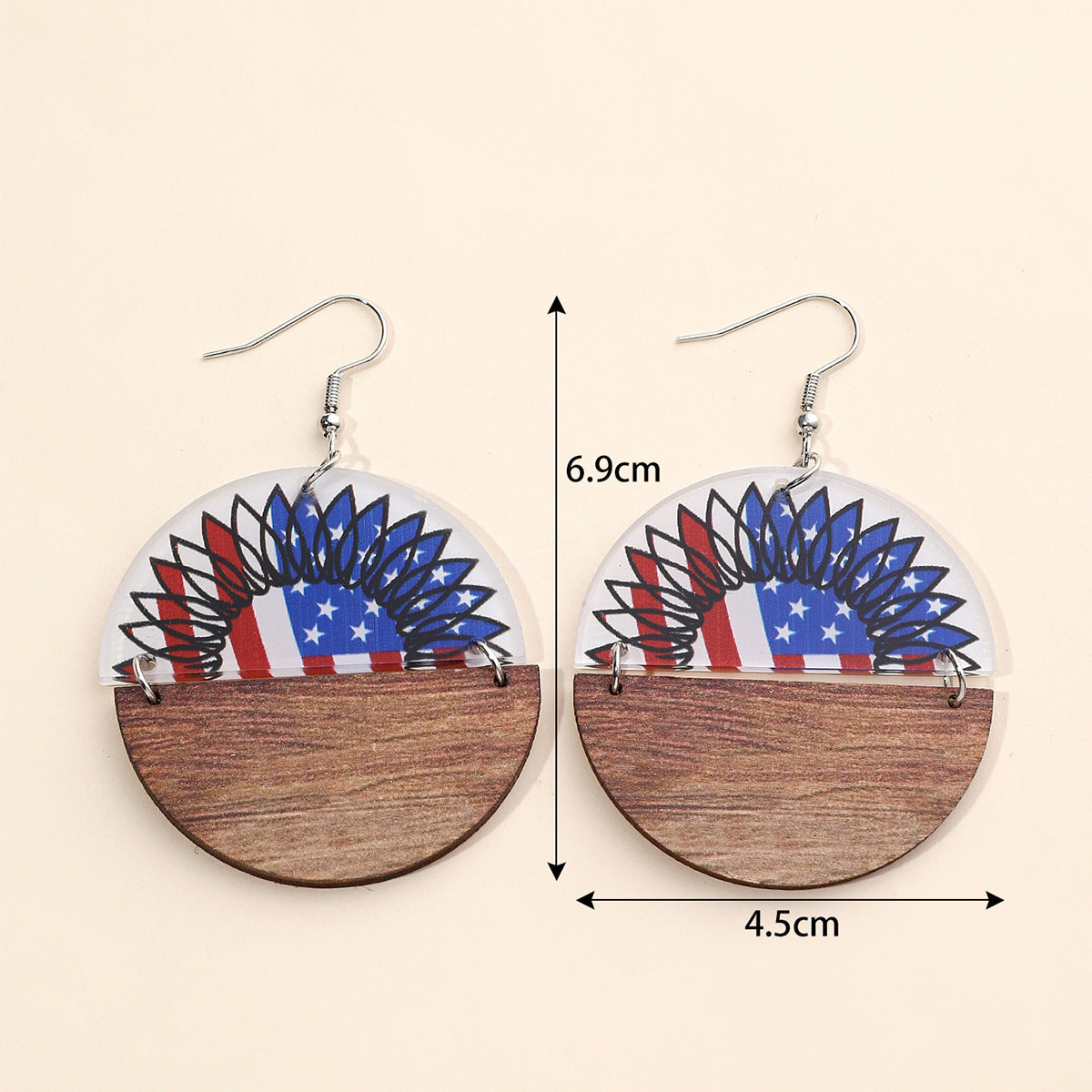 Wholesale Semi-circular wooden acrylic splicing American Independence Day National Day female earrings