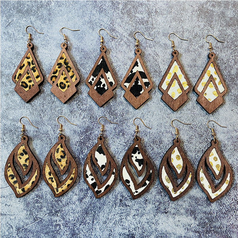 Wholesale  Western retro wooden earrings leopard print milk pattern inlaid earrings