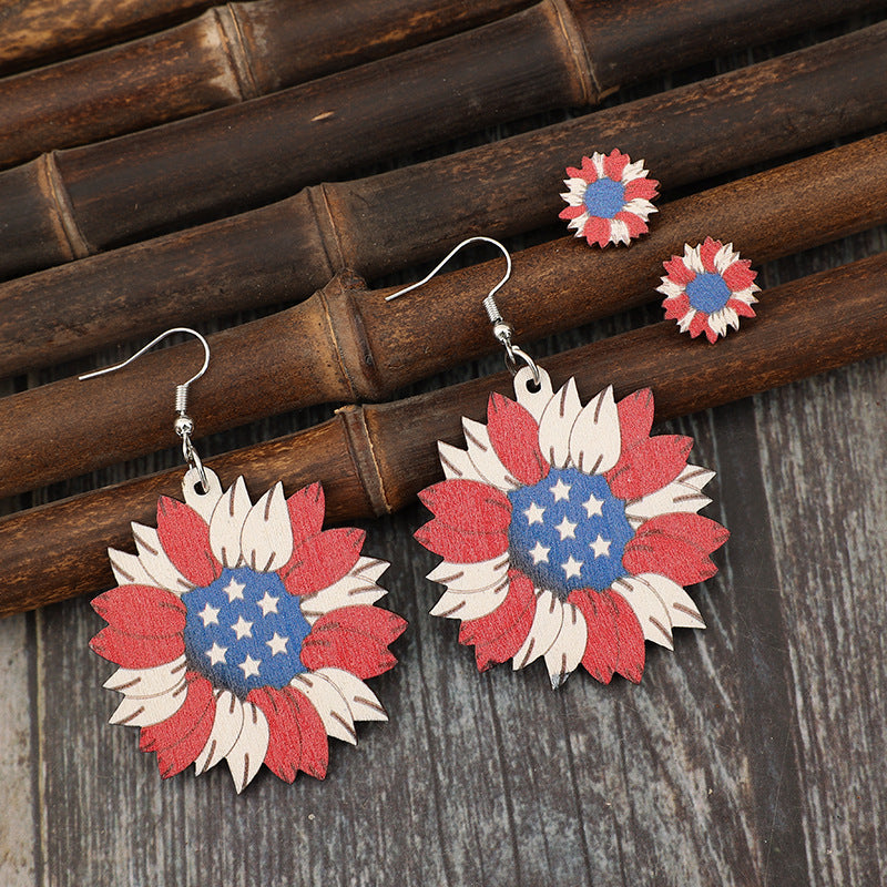 Wholesale Independence Day Red White Blue Flag Color Love Stars Big Flowers Wooden Earrings