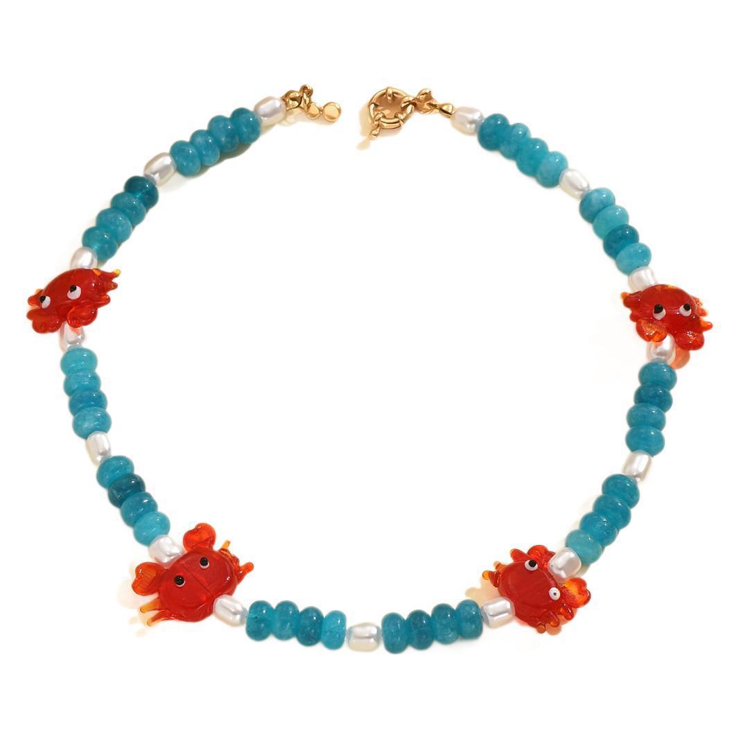 Wholesale Ocean Style Crab Necklace Blue Natural Stone Pearl Beaded Bohemian Style Clavicle Necklace