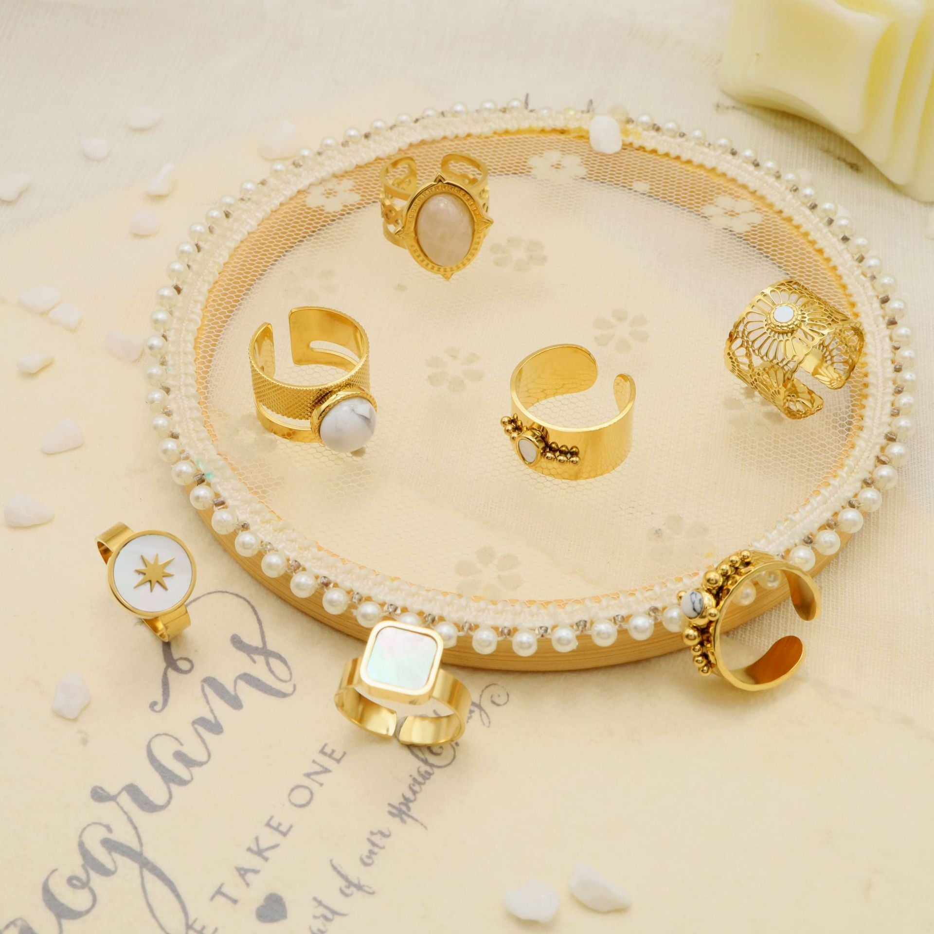 Wholesale Natural Stone Ring Titanium Steel Gold Plated Non-fading Adjustable Split Ring