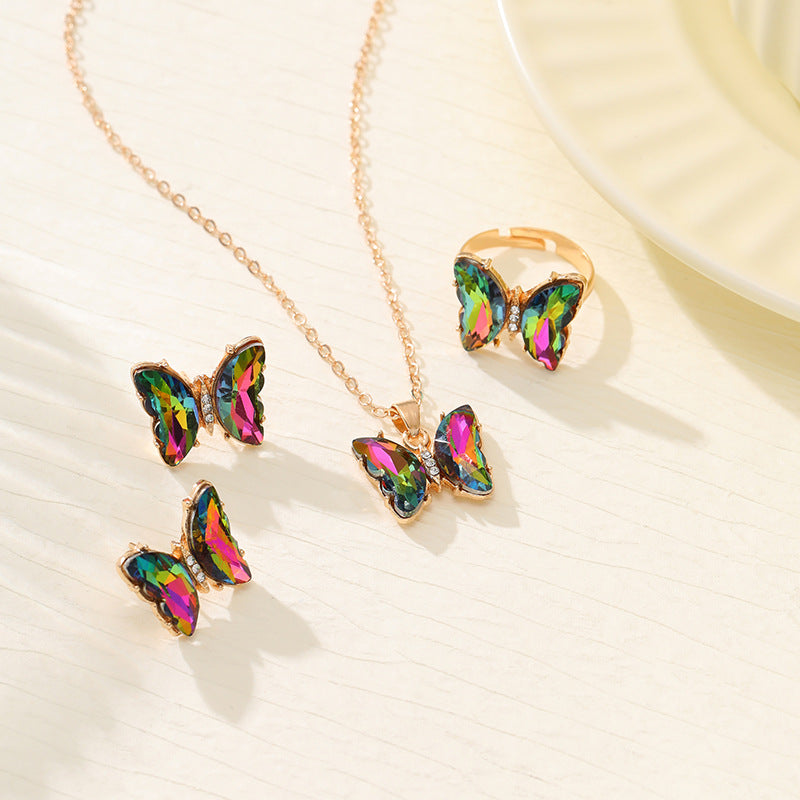 Wholesale Colorful Inlaid 3-piece Earrings Necklace Ring Butterfly Diamond Necklace ACC-RS-YunJin003