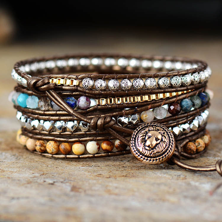 Wholesale Natural Stone Picture Stone Handmade Leather Wrap Bracelets ACC-BT-LZ018