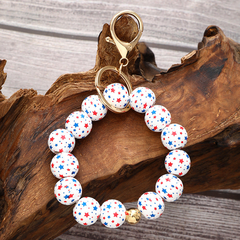 Wholesale American Independence Day Star Wood Beads Beaded Wristlet Keychain ACC-KC-YTian016