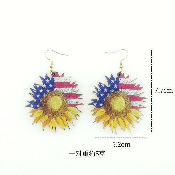 Wholesale American Independence Day Sunflower Heart Print Wood Earrings ACC-ES-Yinx004