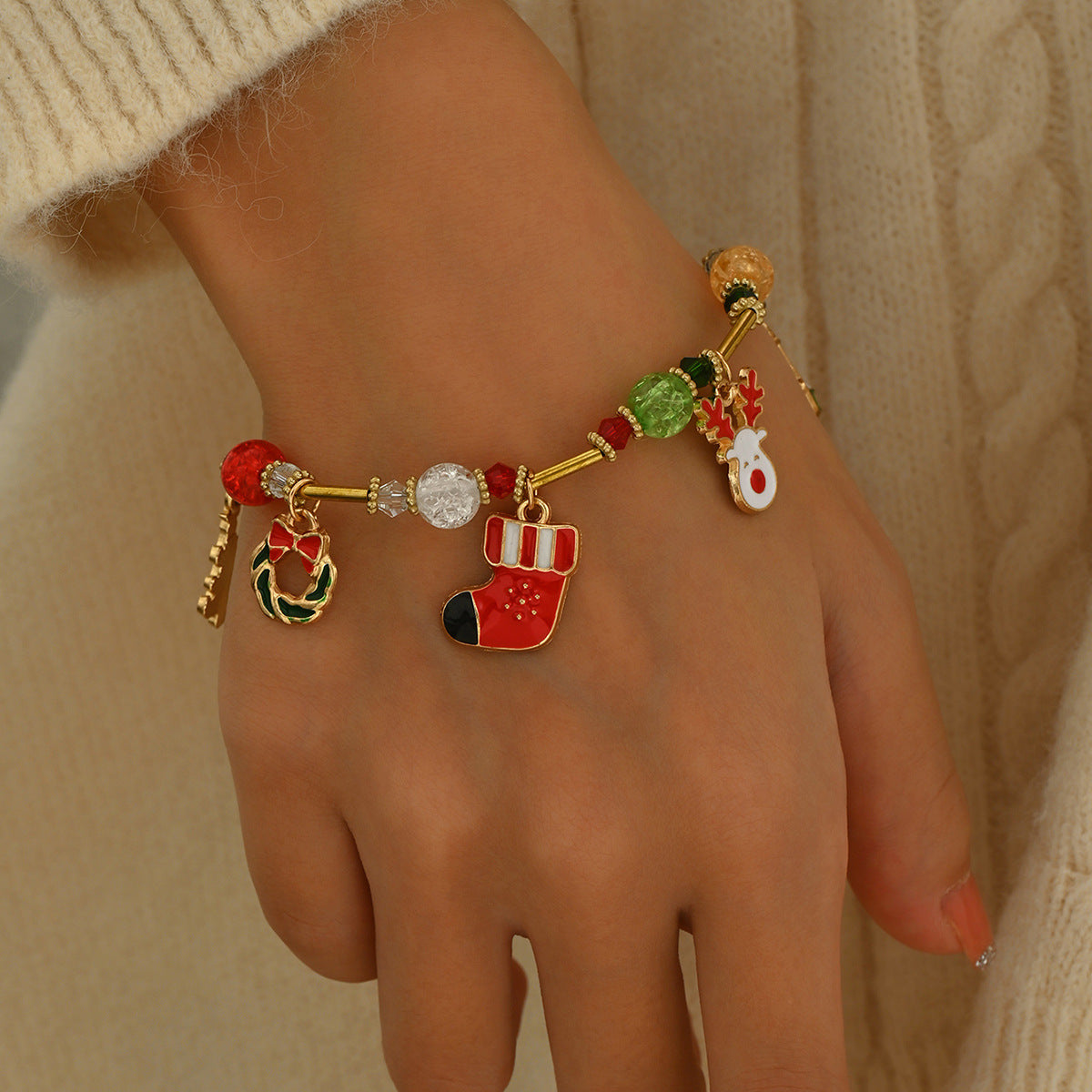 Wholesale Christmas Vintage Multi-element Elk Christmas Tree Pendant Beaded Bracelet