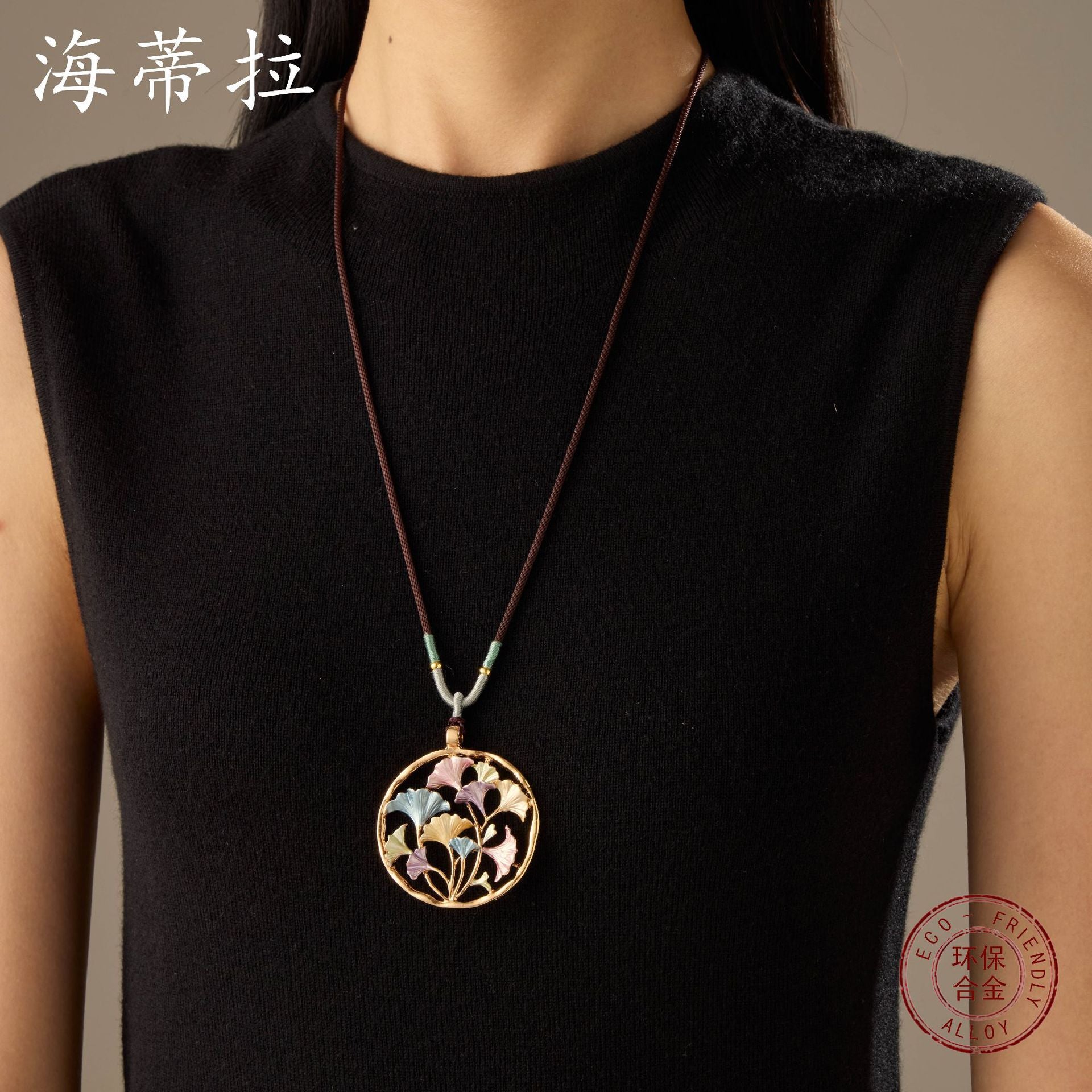 Wholesale  Round Hollow Color Painting Oil Ginkgo Leaf Woven Rope Long Necklace