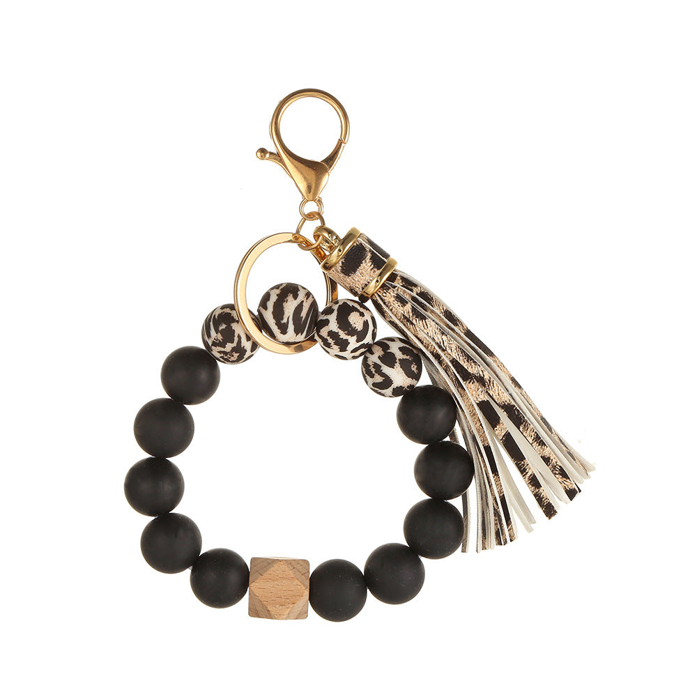 Wholesale Leopard Print Silicone Beaded Tassel Wrist Keychain