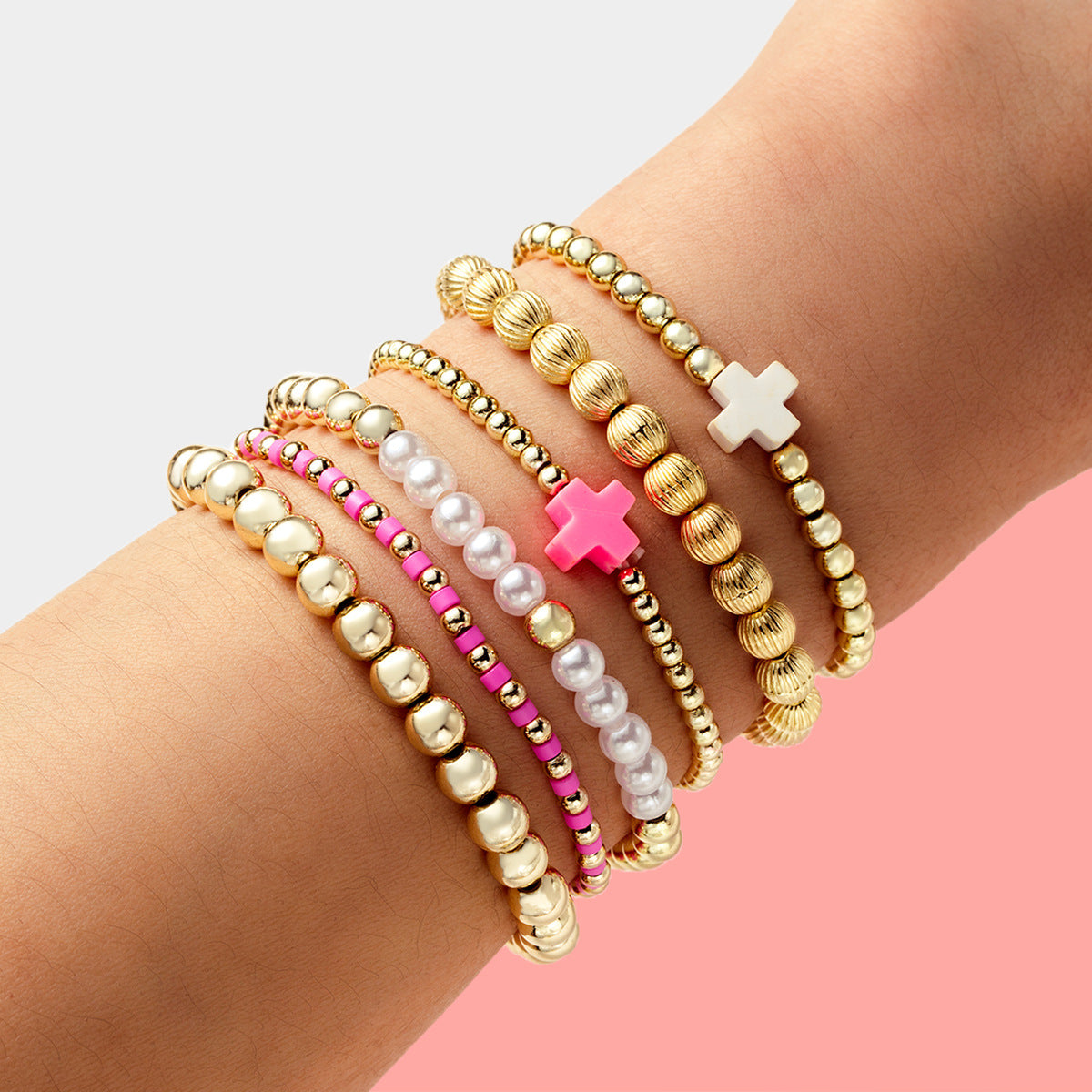 Wholesale  resin cross pearl  soft ceramic beaded elastic bracelet