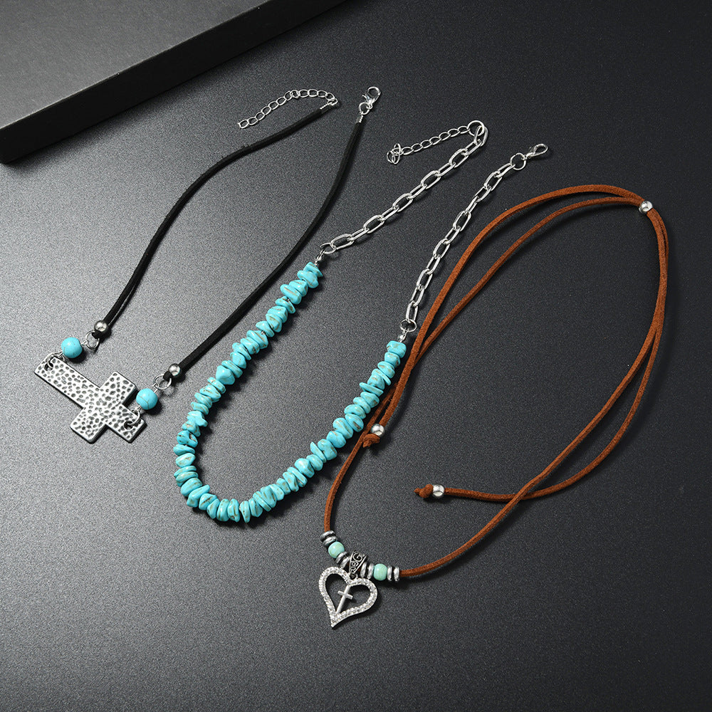 Wholesale Retro Ethnic Turquoise Beaded Layered Leather Choker Necklace Set With Cross Heart Pendant For Women