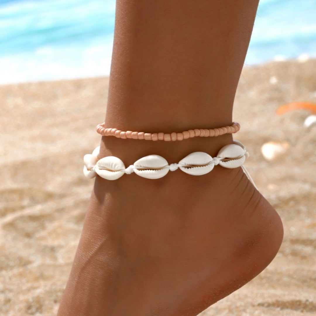 Wholesale  Foot Chain Fashion Rice Beads Hand-woven Shell Adjusting Stacked Foot Accessories  Anklets