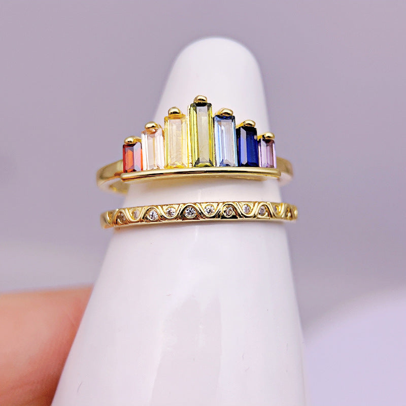 Wholesale Double Line Crown Rainbow Micro Diamond Adjustable Rings ACC-RS-YXY029