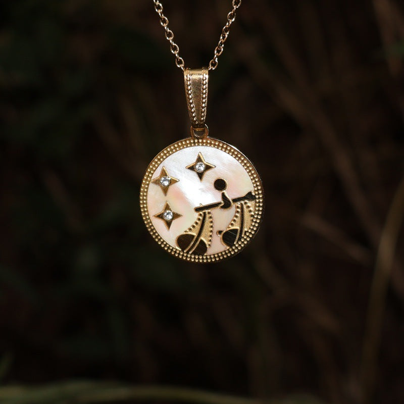 Wholesale Zodiac Diamond Round Shell Stainless Steel Pendant Necklace 18K Gold Plated
