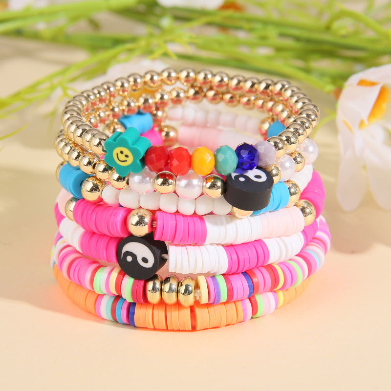 Wholesale  Vintage Elastic Thread Love Heart Smiley Face Soft Clay Bracelet Set