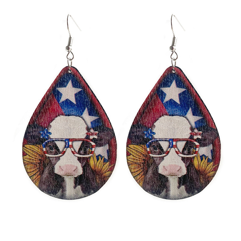 Wholesale 2 Pairs/pack American Independence Day Texas West Farm Cow Puppy Piggy Wooden Earrings Western style ACC-ES-HY048