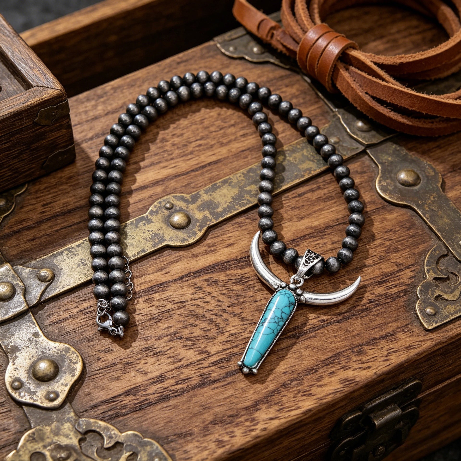 Wholesale Western Style Vintage Beaded Turquoise Bull Head Bohemian Necklace