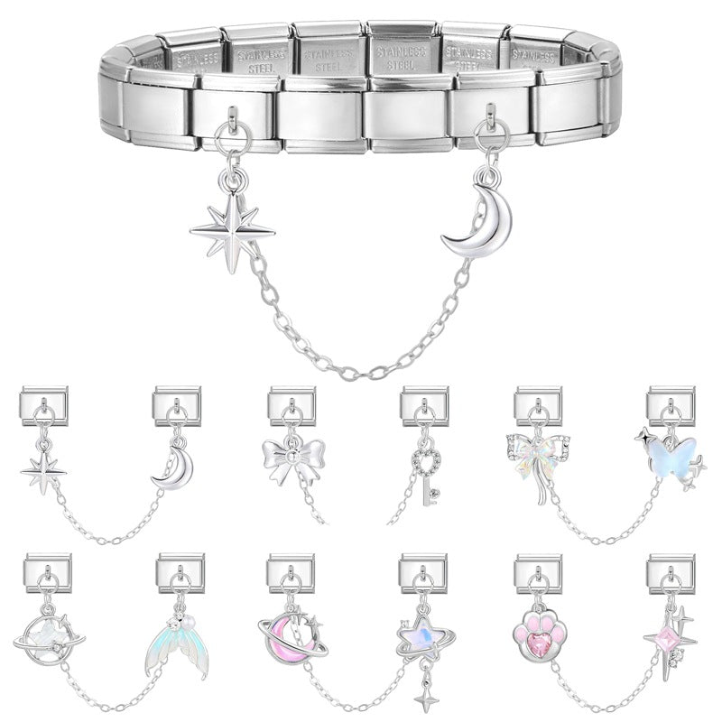 Wholesale 9mm Italian Charm Starter Bracelets DIY square double-pendant Creative Stainless Steel Composable Bracelet
