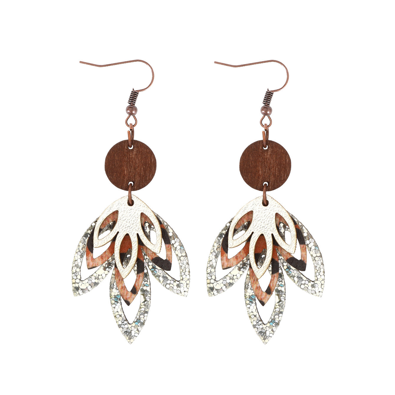 Wholesale  three-layer maple leaf shape super flash sequins fashion leather earrings