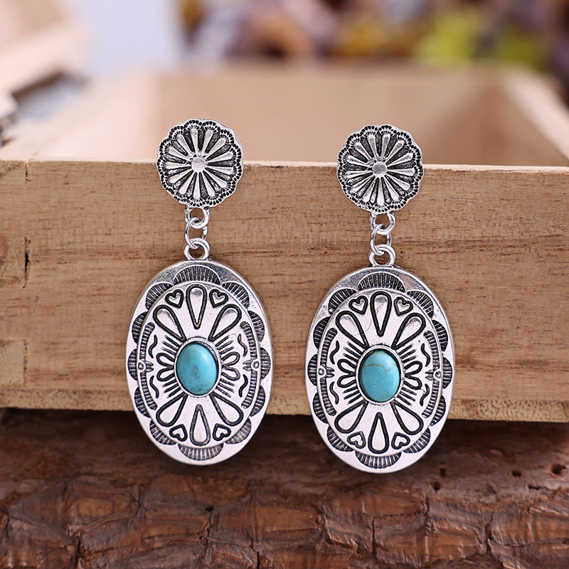 Wholesale Retro Bohemian Turquoise Alloy Carved Earrings Fashion Jewelry Accessory