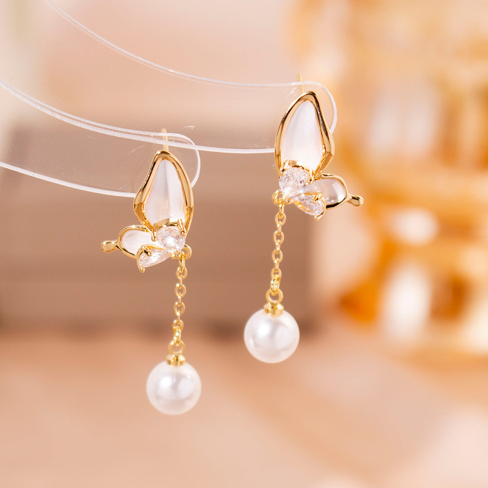 Wholesale Silver Needle High-grade Zircon Butterfly Pearl Earrings