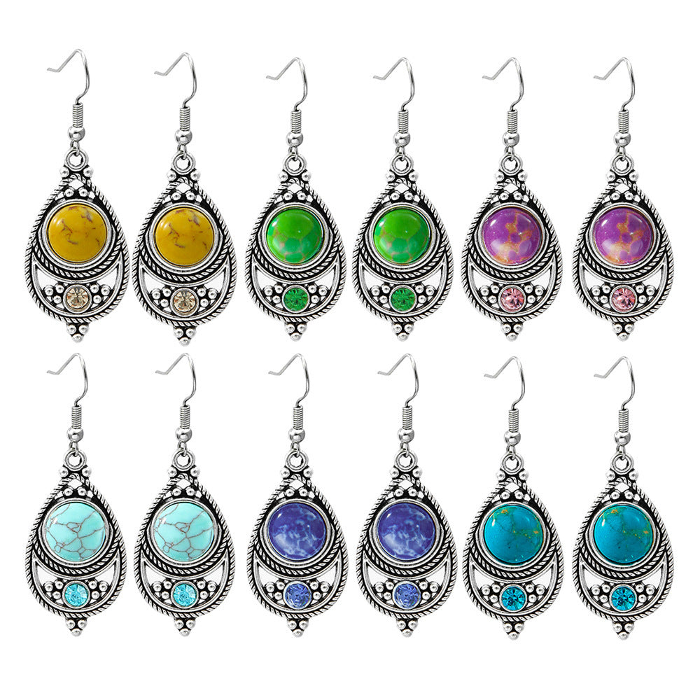 Wholesale Antique Finish Alloy Drop Earrings,  Bohemian French Style Turquoise Inlay Women' s Fashion Jewelry